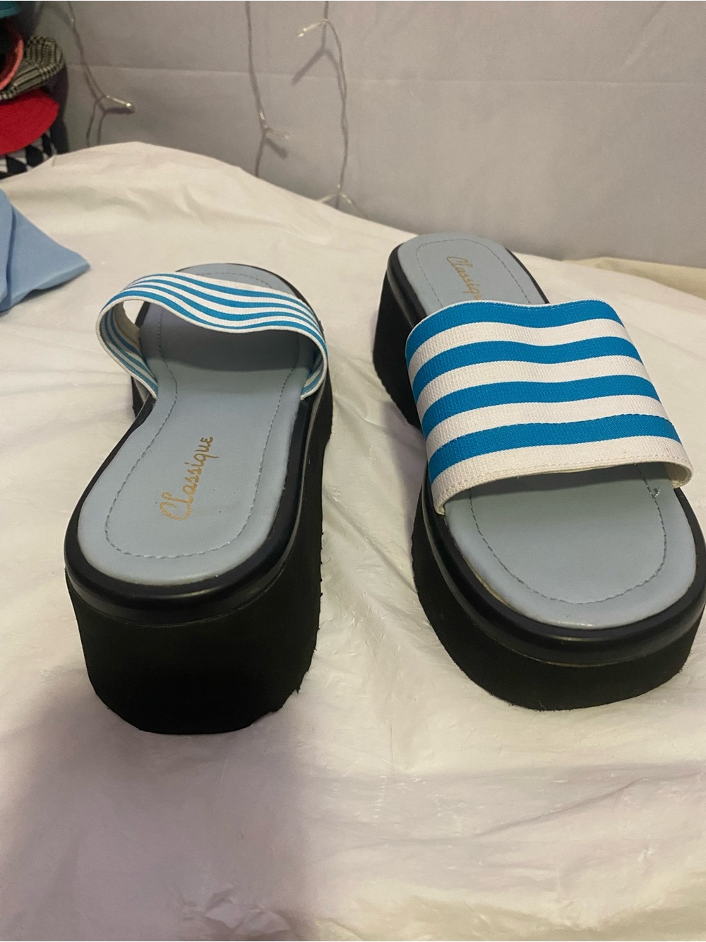 Striped Blue Platform Slide Sandals -